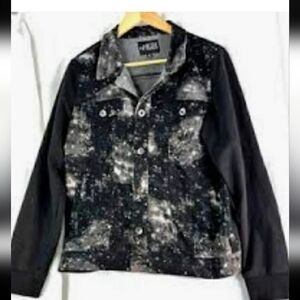 XXX RUDE Black & White Galaxy Denim Black Fleece Hooded Jacket.